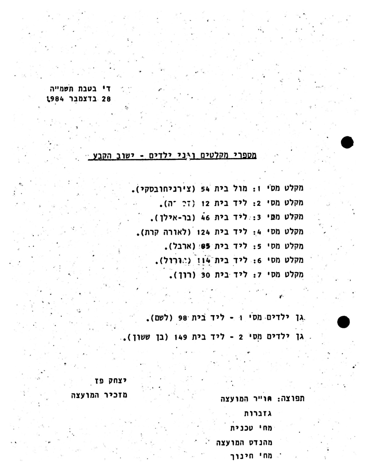 מספרי מקלטים וגני ילדים