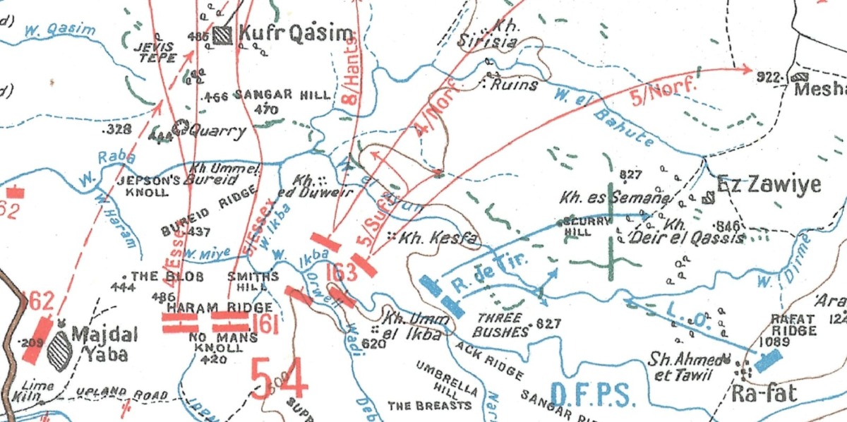 תרשים הקרבות באזור 19 בספטמבר 1918 (באדיבות ערן תירוש). ביצורי העות'מנים בצבע ירוק