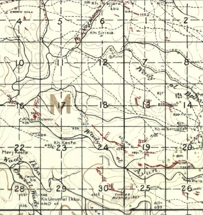 מפת 1:40,000, גיליון בידיה, אוגוסט 1918. המשך ימינה של גיליון פג'ה. כולל את חירבת א -דוויר (באדיבות ערן תירוש)