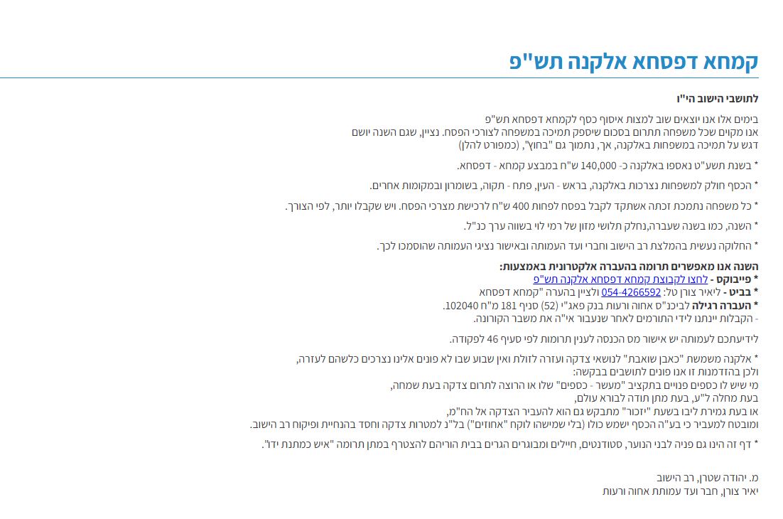 קמחא דפסחא תש"פ